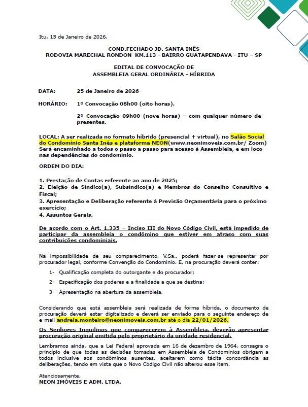 Assembleia Geral Condomínio Santa Inês